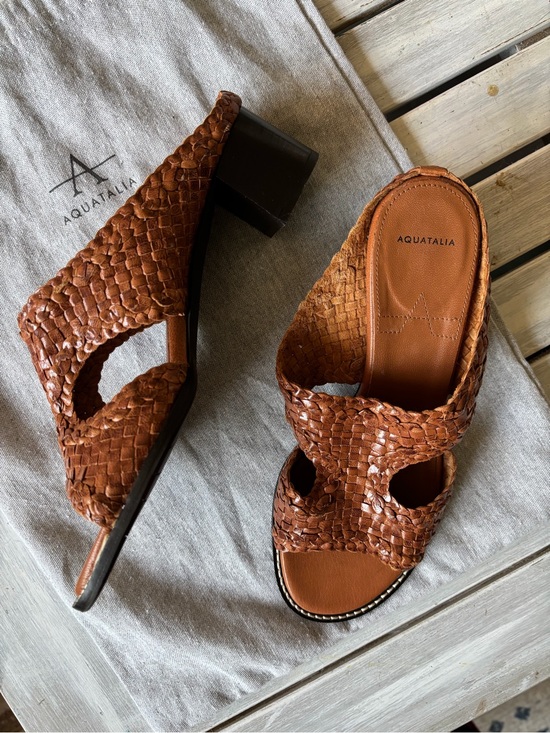 Aquatalia Shoes - Aquatalia Brown Woven Leather Block Heel Mule Sandals 6.5 Italy